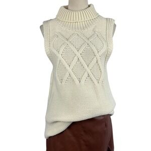 Cream Cable Knit Turtleneck Sleeveless Sweater Vest Women's Small Cozy Casual
